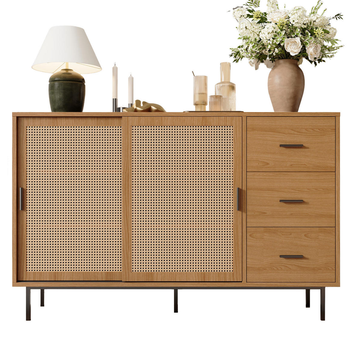 SIDEBOARD 140/37/91 cm natur aus Spanplatte mit Schiebetüren - Naturfarben, Holzwerkstoff (140/91/37cm) - OKWISH