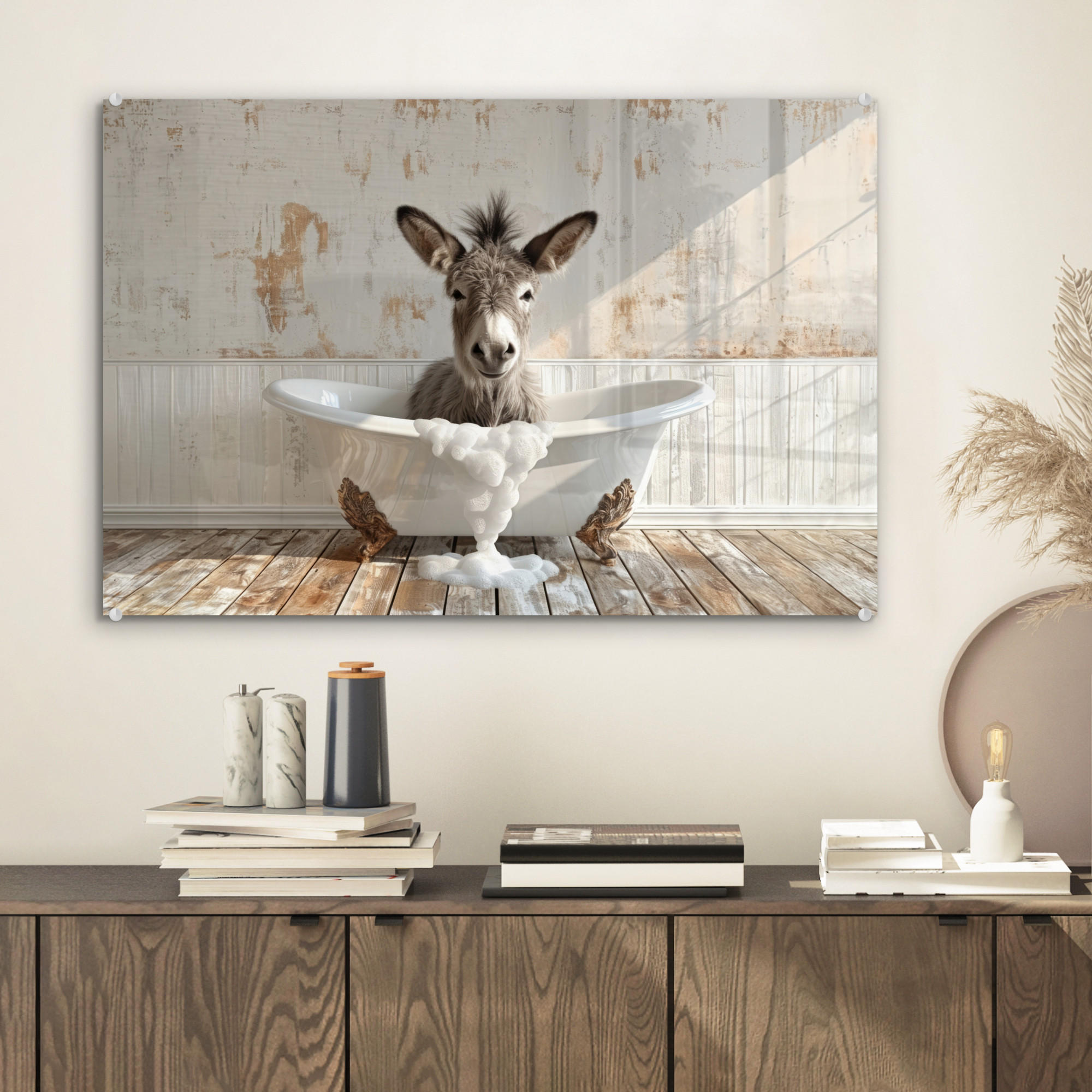 ACRYLGLASBILD Esel - Tiere - Badewanne - Schaumstoff 60x40 cm - Weiß, Glas (60/40cm) - MuchoWow