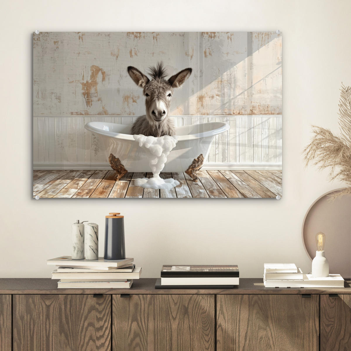 ACRYLGLASBILD Esel - Tiere - Badewanne - Schaumstoff 60x40 cm - Weiß, Glas (60/40cm) - MuchoWow