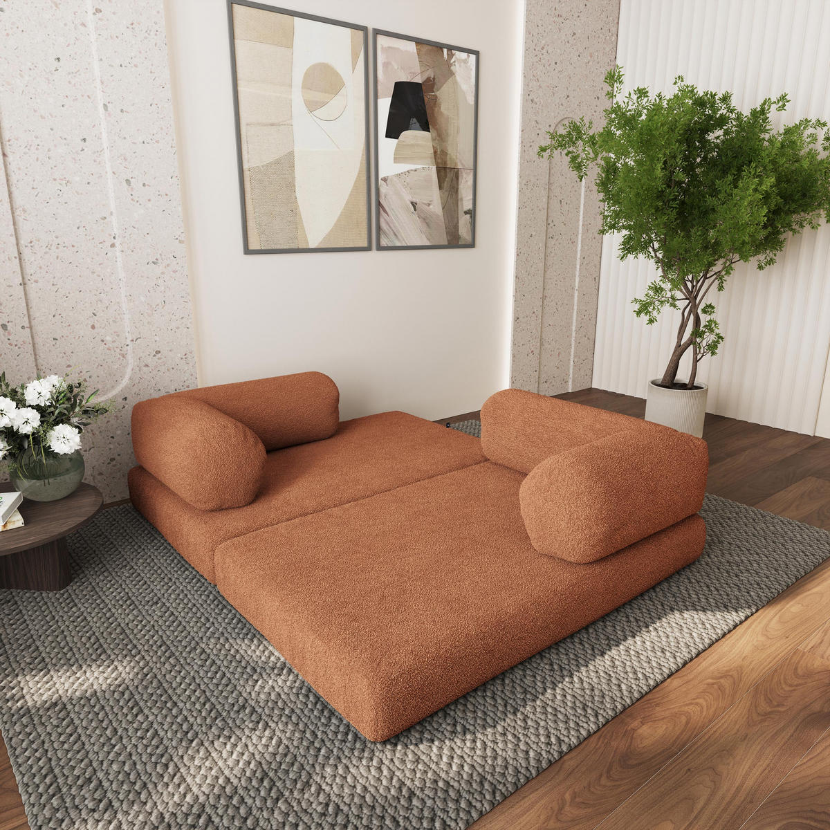 ECKSOFA KELI modulares Boneless Sofa mit Schlaffunktion Orange Boucle-Stoff - Orange, Textil (270/160cm) - MASSENO
