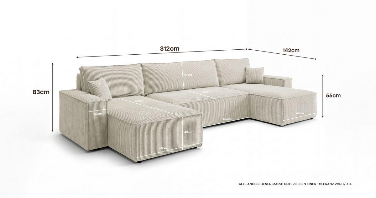 WOHNLANDSCHAFT CALIFORNIA MINI U-Form weiß Cord Poso 100 - Schlaffunktion, Bettkasten - Weiß, Textil (312/85/142cm) - Cornero