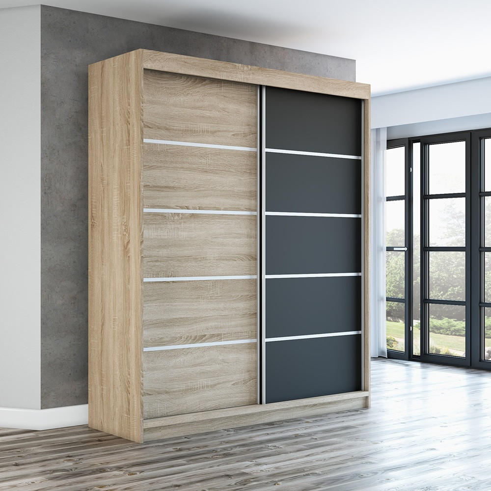 SCHWEBETÜRENSCHRANK 180 CM TREND Farbe: Sonoma , sonoma , schwarz - Schwarz/Braun, Holzwerkstoff (180/215/59.5cm) - A&J MöbelLand