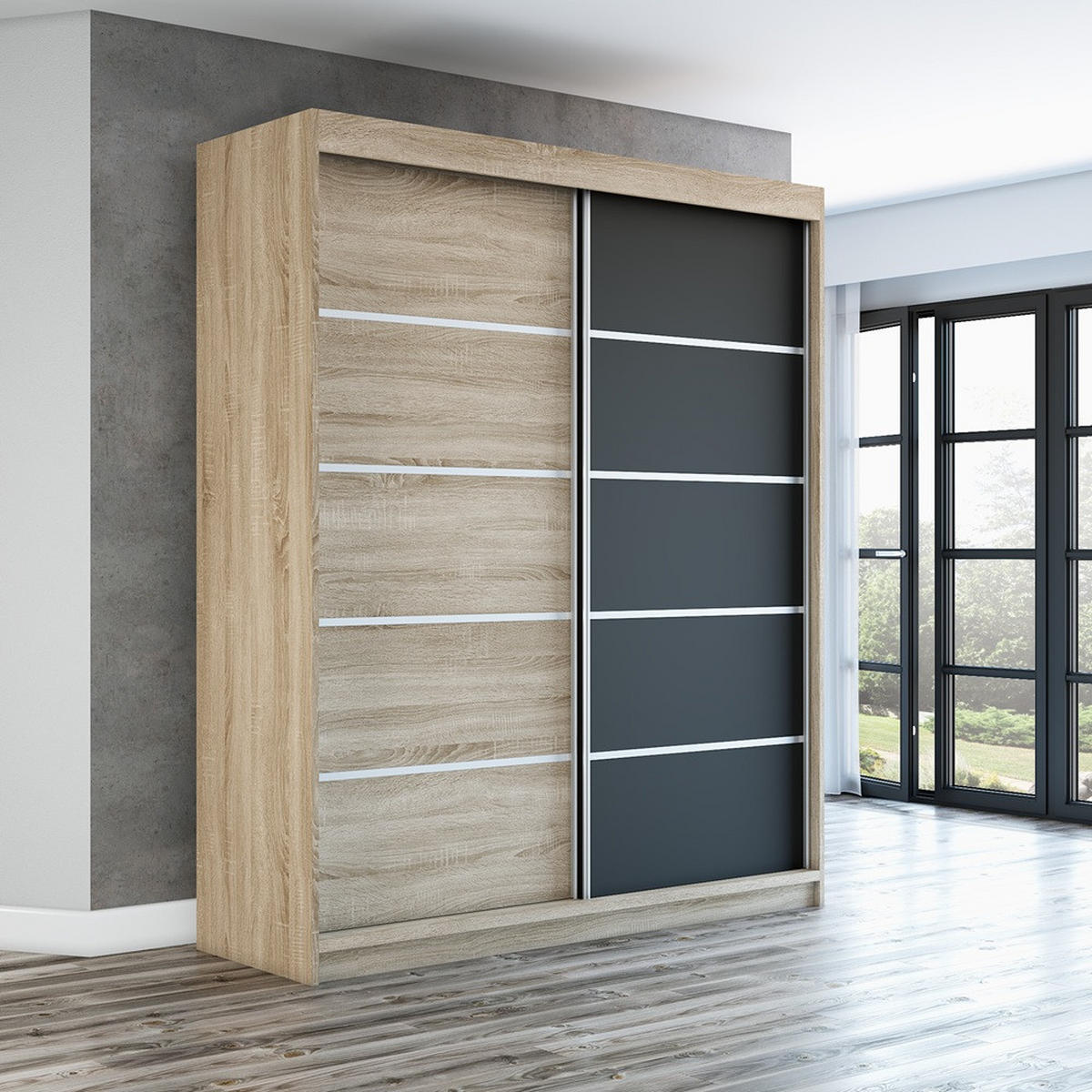 SCHWEBETÜRENSCHRANK 180 CM TREND Farbe: Sonoma , sonoma , schwarz - Schwarz/Braun, Holzwerkstoff (180/215/59.5cm) - A&J MöbelLand