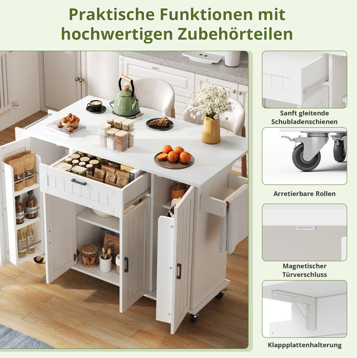 KÜCHENINSEL 120/45(70)/95 cm mit klappbarer Arbeitsplatte, Rollen, 4 Türen, Schublade und MDF-Korpus, Weiß - Weiß, Holzwerkstoff (120/95/70cm) - Redom