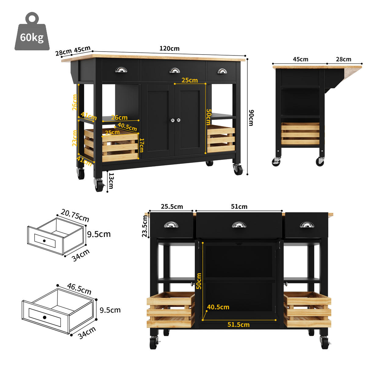 KÜCHENINSEL 120x73x90cm Schwarz mit Klapptisch & Ausziehkorb - Schwarz, Holzwerkstoff (120/90/73cm) - Modfu