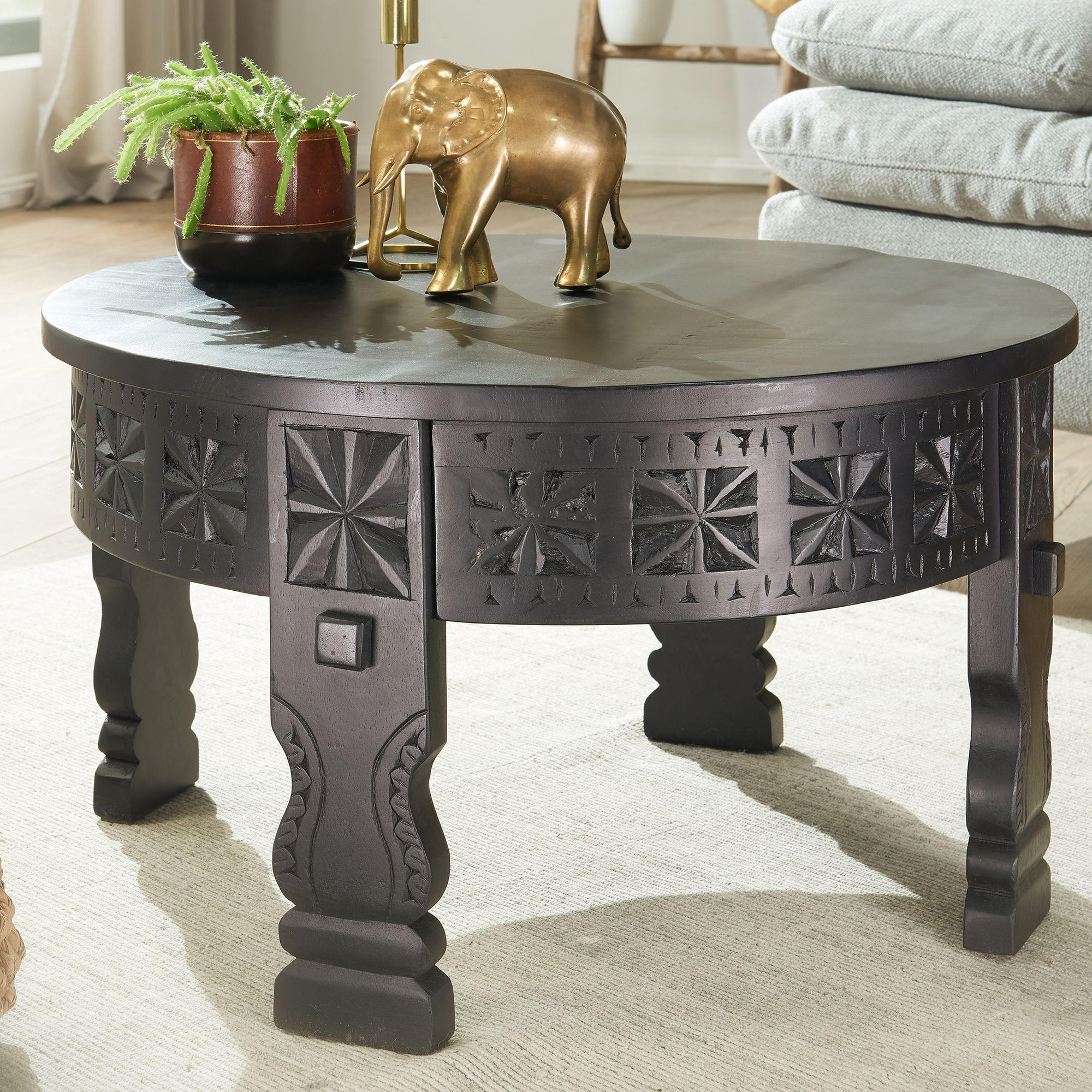Thumbnail - Kadima Design Couchtisch, Schwarz, Holz, Echtholz,Mangoholz, Rund,Rund, Stativgestell, 60x36x60 cm, Wohnzimmer, Wohnzimm...