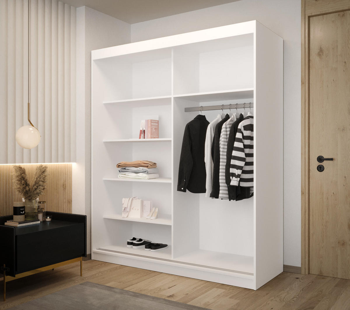 SCHIEBETÜRENSCHRANK MODENA 2 180, 2-türig Kleiderschrank mit 1 Spiegel, Moderne Garderobe, Schrank in Größe: 180 x 216 x 65 cm - Schwarz/Weiß, Holzwerkstoff (180/216/65cm) - O-Sofa