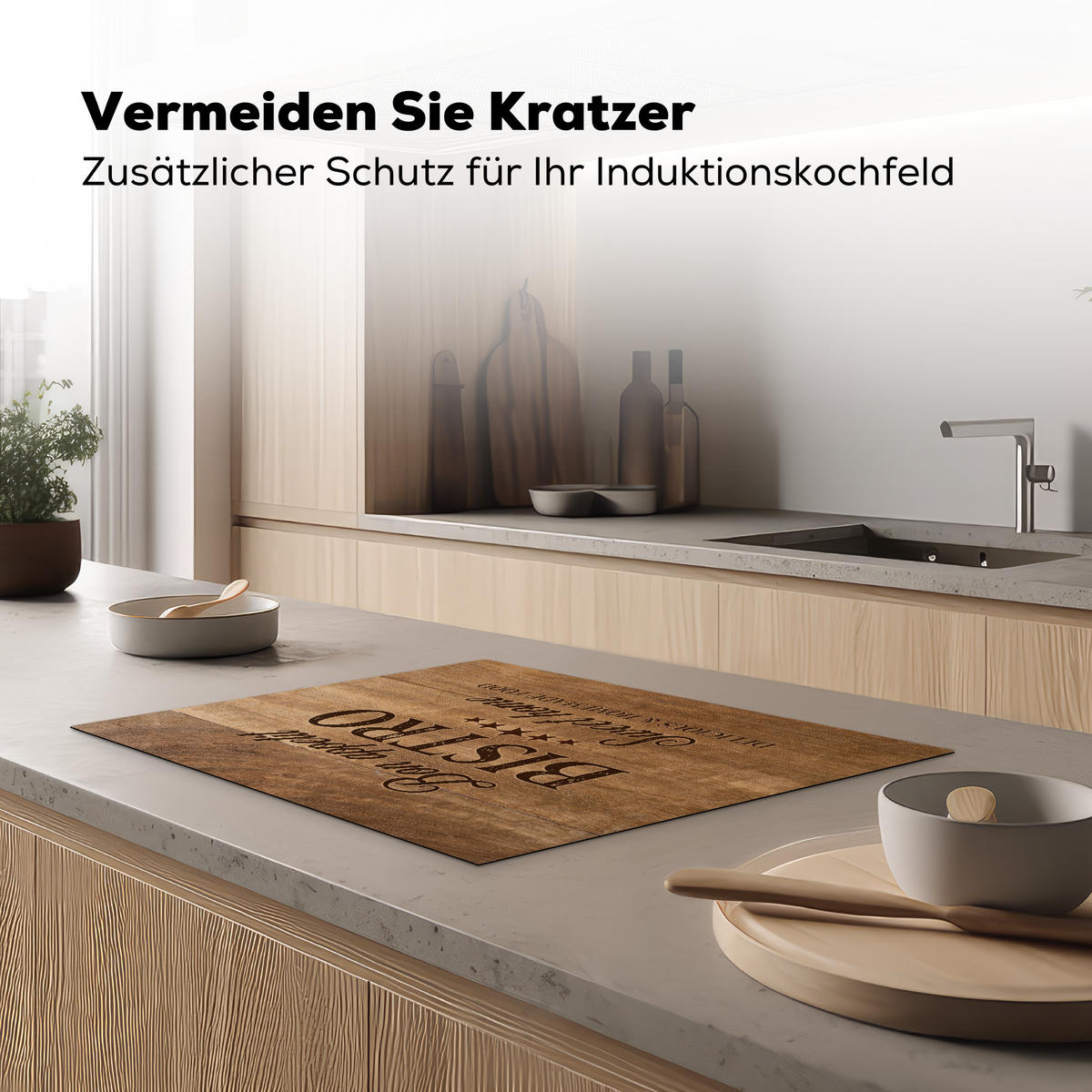HERDABDECKPLATTE Zitat - Bistro - Guten Appetit - Süßes Zuhause - Holzmaserung 71x52 cm - Braun, Kunststoff (71/0.2/52cm) - MuchoWow