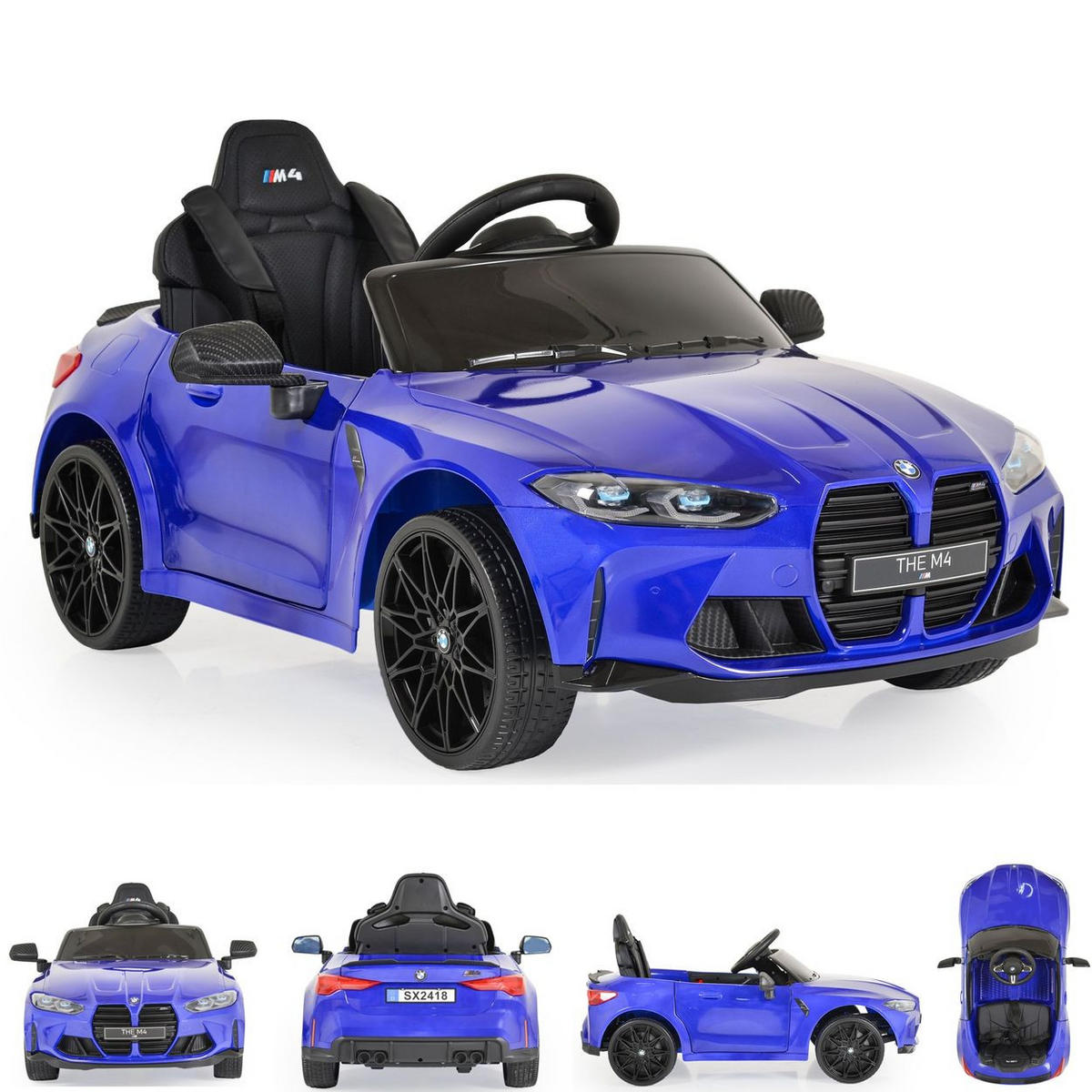 ELEKTROAUTO BMW M4 blau Fernbedienung EVA-Reifen 2 Motoren Musikfunktion - Blau, Kunststoff (110/74/49cm) - Moni