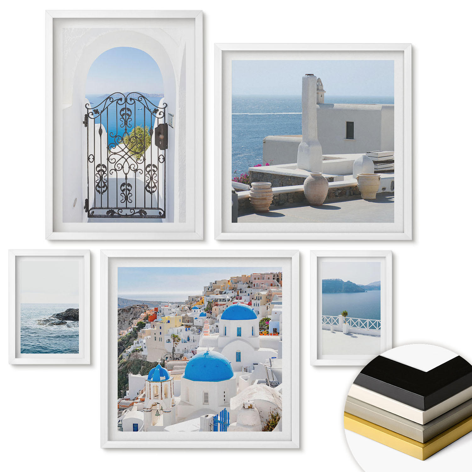 WANDBILDER 5er-Set - 50x50 cm & 20x30 cm & 40x60 cm Weißer Rahmen - Gebäude am Weißen Meer, Griechenland - Weiß, Kunststoff (40/60cm) - ArtPrintCave
