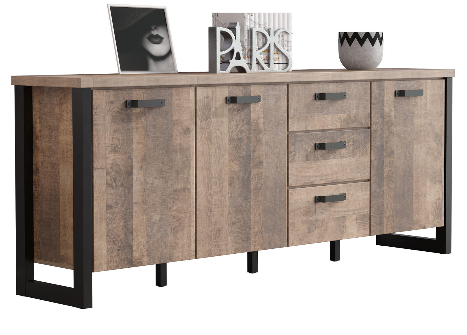 SIDEBOARD Eiche Tabak, schwarz 214 x 86 cm, Kommode mit viel Stauraum - Eichefarben/Schwarz, Holzwerkstoff/Kunststoff (214/86/45cm) - Top.Furn