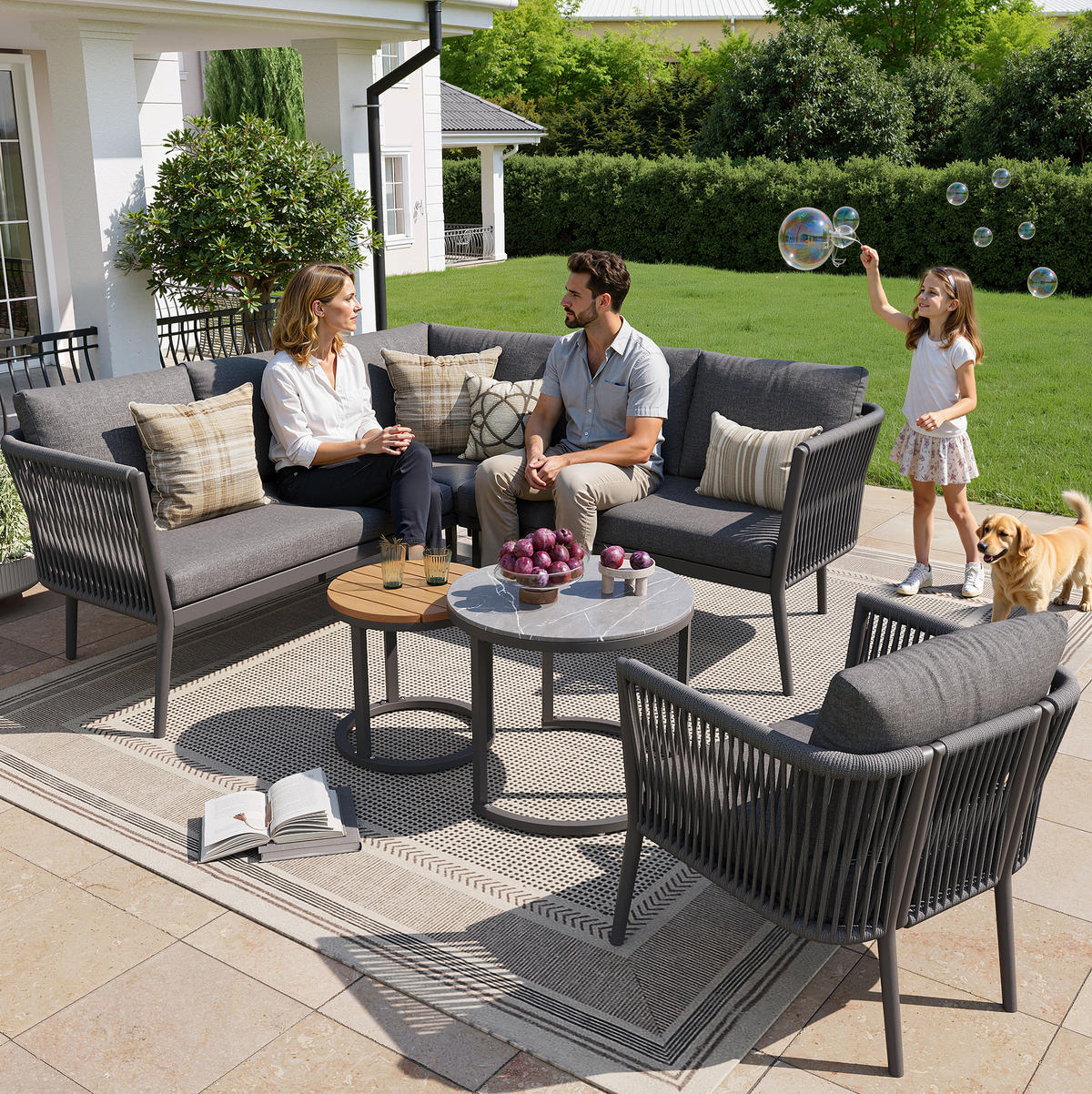 GARTENLOUNGE-SET modular 6-tlg. Grau mit 2 Tischen - Grau, Metall - Beauniv