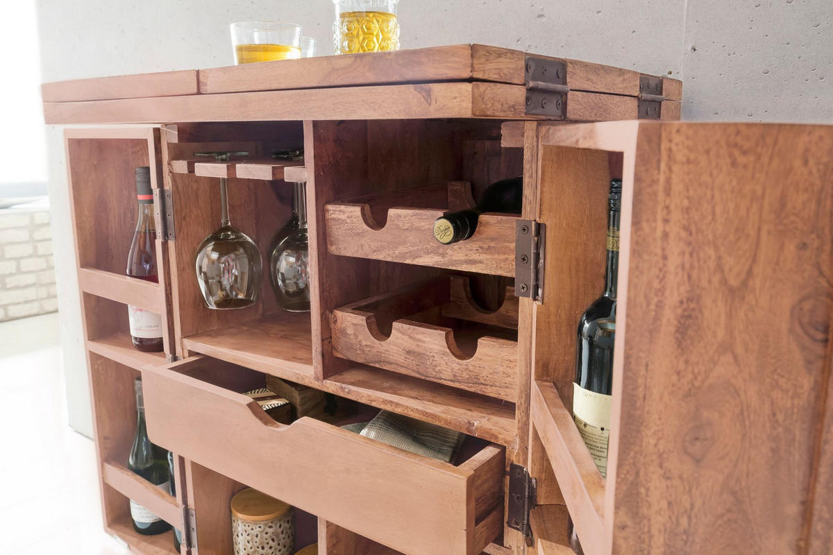 HAUSBAR aus Massivholz mit Klappfunktion und Stauraum für Flaschen und Gläser, Akazie 65x50x91 cm - Akaziefarben, Holz (65/91/50cm) - KADIMA DESIGN