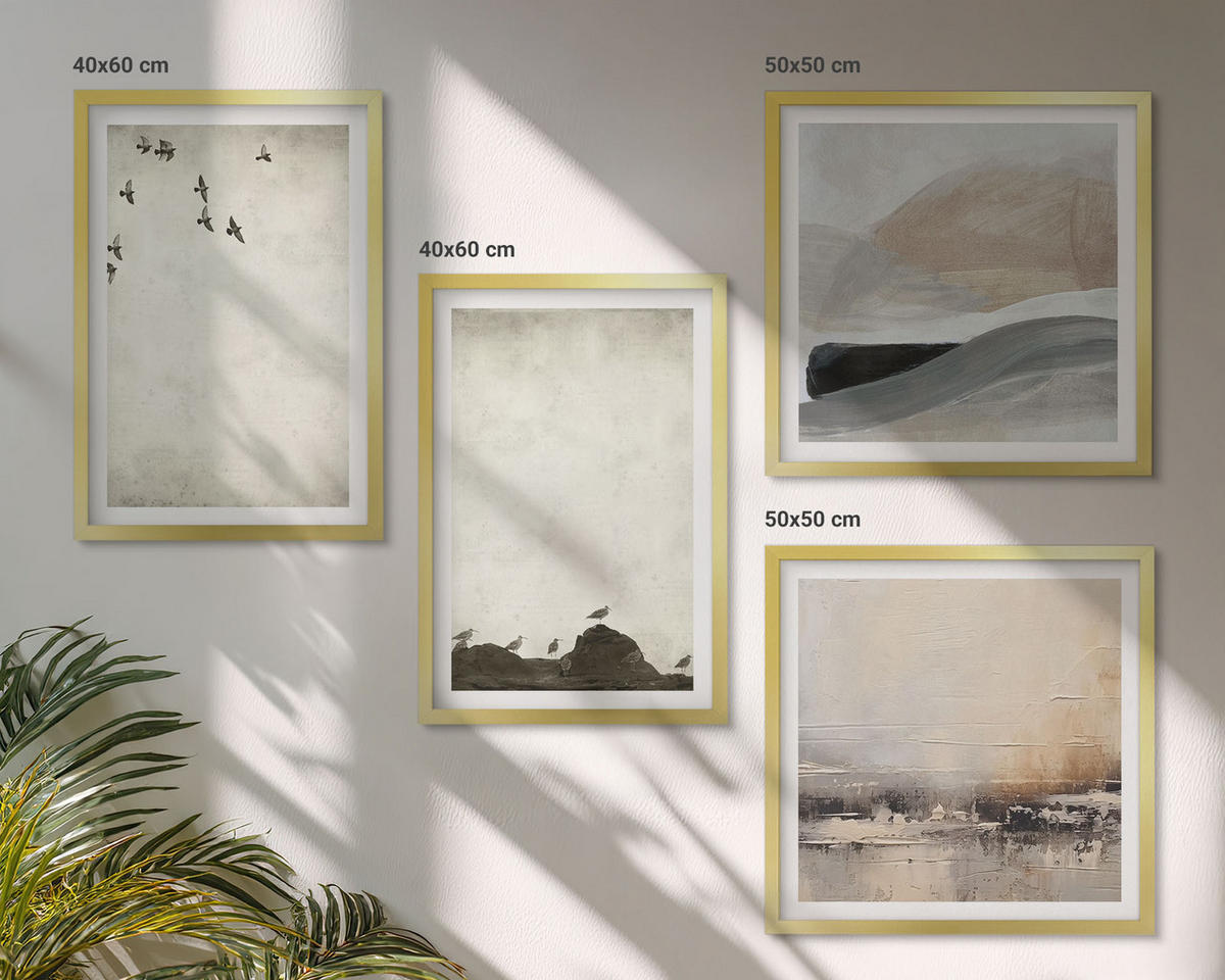 WANDBILDER 4er Set - 50x50 cm & 40x60 cm Goldrahmen - Vögel, Steine, Pinselstriche, Verzierungen - Goldfarben, Kunststoff (50/50cm) - ArtPrintCave