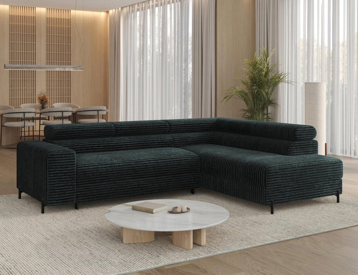 ECKSOFA COLESIO L-Form, Schlaffunktion, Bettkasten, verstellbare Kopfstützen, Wellenfederung, Metallfüße, breiter Cordstoff - Dunkelgrün/Schwarz, Kunststoff/Metall (204/269cm) - Wohnideebilder