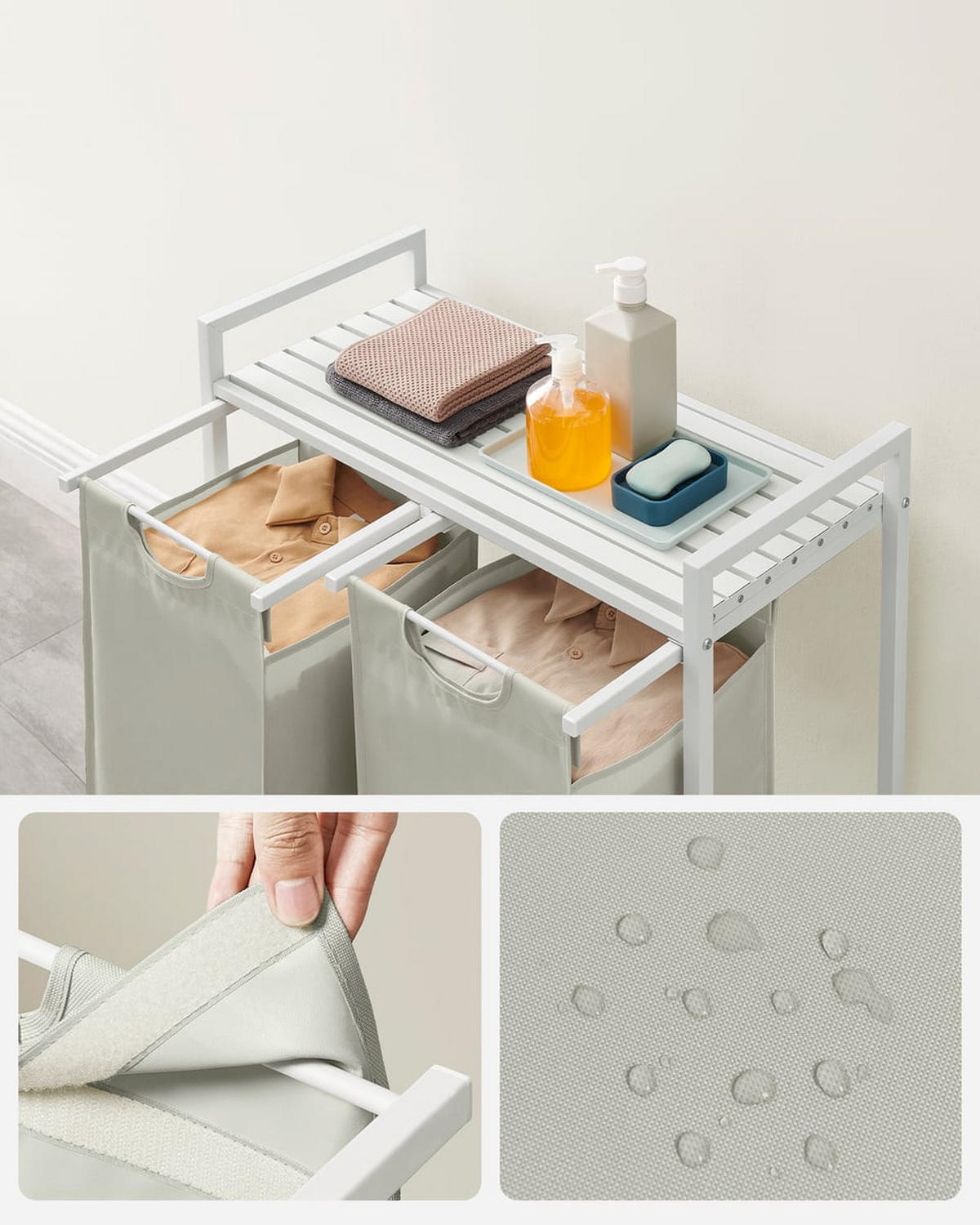 WÄSCHEKORB mit 2 herausziehbaren Fächern, hellgrau - L71 cm - Grau, Metall (33/73/71cm) - Calicosy