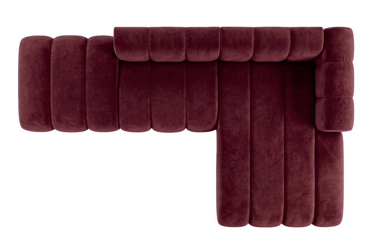 ECKSOFA Modulares In L-Form Mit Hocker, Velvet-Stoff Riviera, Rotwein, Rechts, GRAND Mini - Dunkelrot, Holz (295/179cm) - Kaiser Möbel