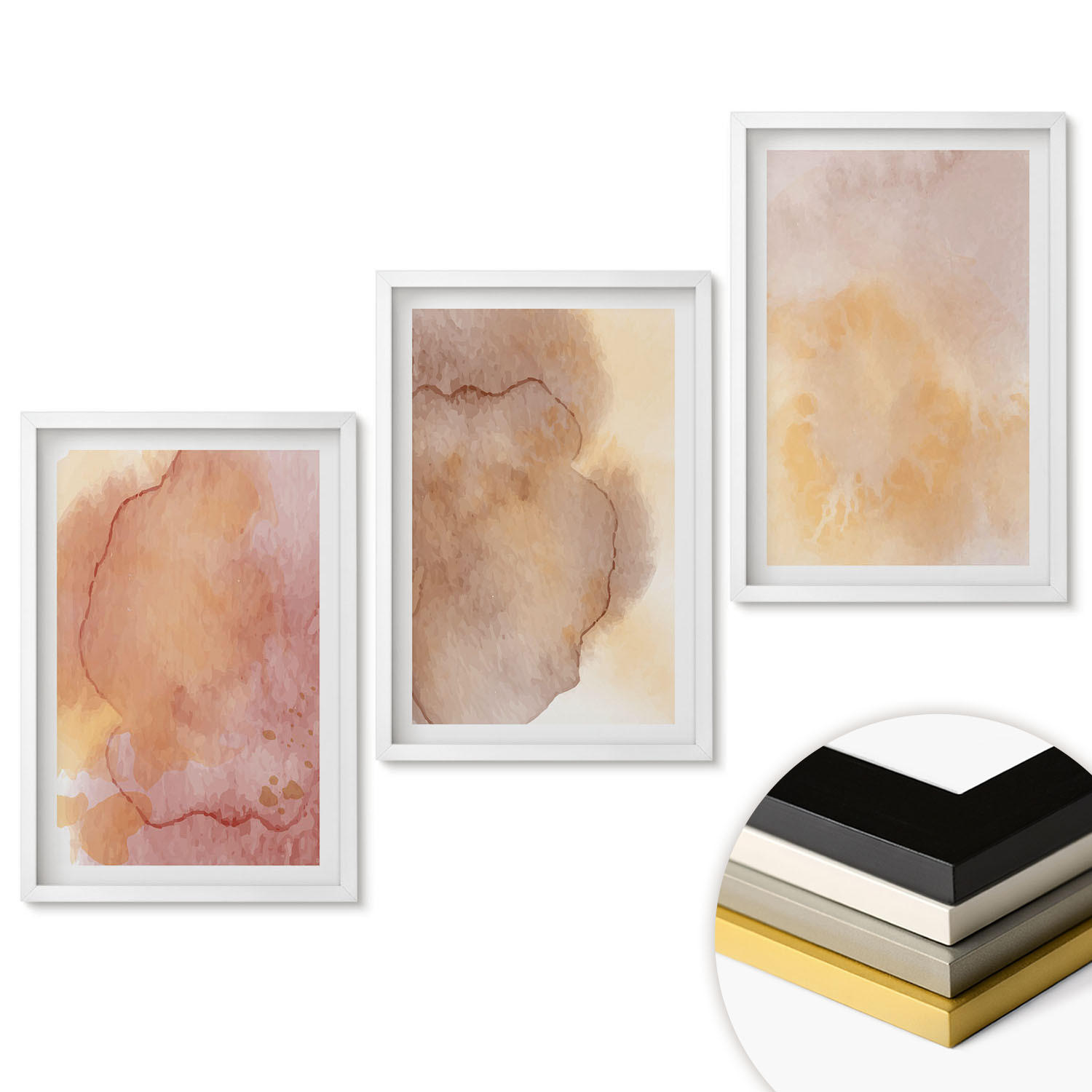 WANDBILDER 3er-Set - 40x60 cm Weißer Rahmen - Warme, farbenfrohe Aquarelltexturen - Weiß, Kunststoff (40/60cm) - ArtPrintCave