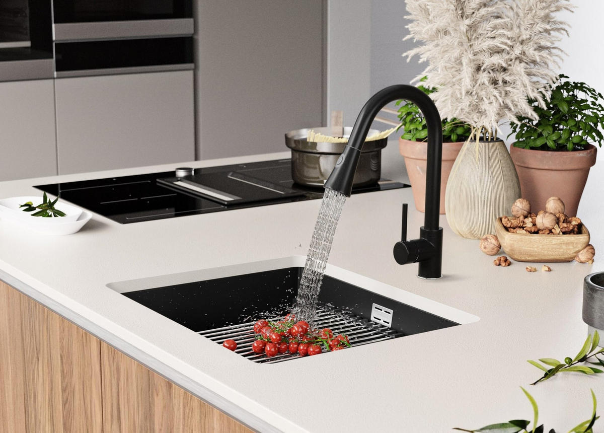 UNTERBAUSPÜLE GRANIT Praga, 2-er set Schwarz Metallic 56/47 cm 1 Becken + Ablauf-Set + Aufrollbare Abtropffläche ab 60er Unterschrank - Chromfarben/Schwarz Hochglanz, Kunststoff (56/20/47cm) - Primagran