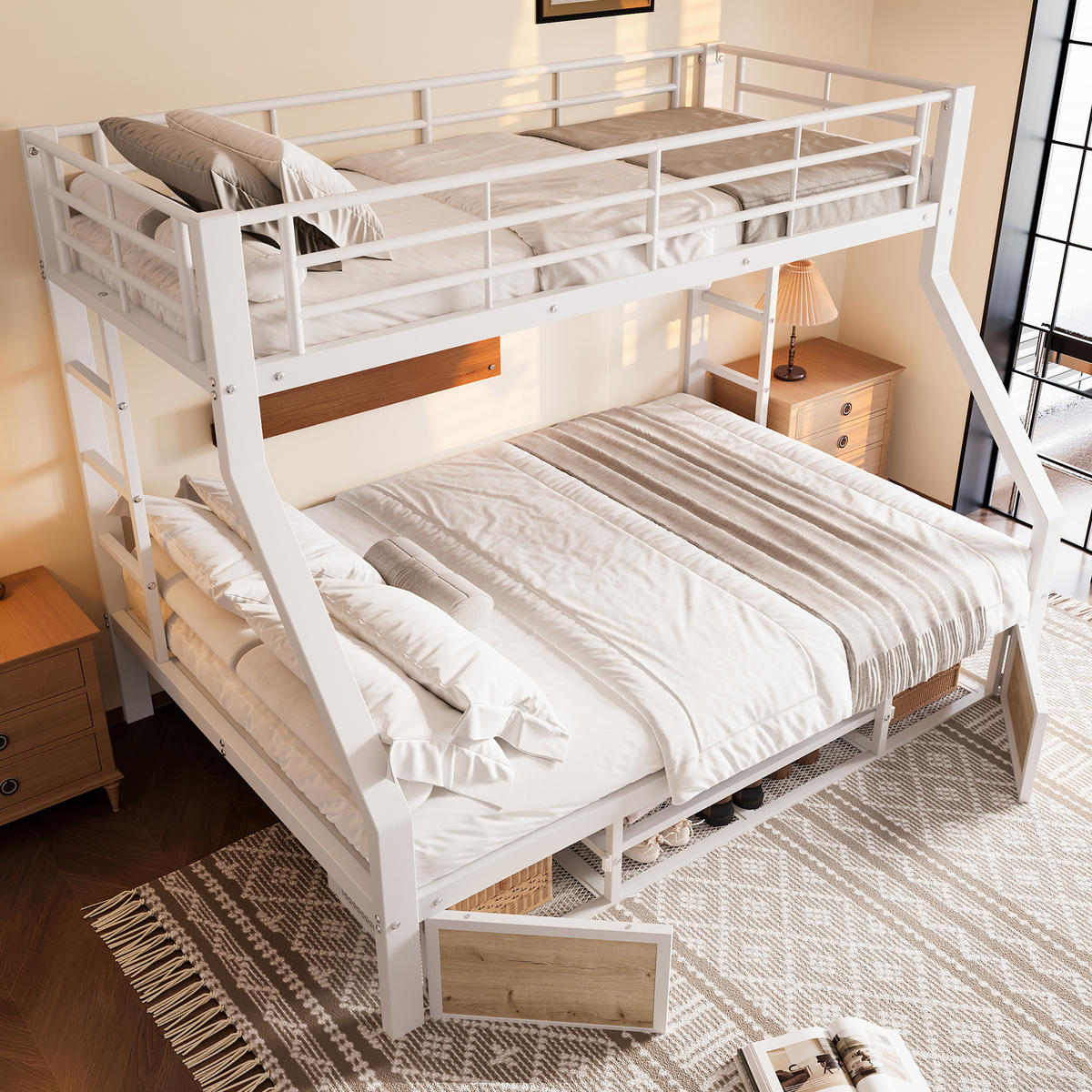 ETAGENBETT 90x200cm + 140x200cm Weiß Kinderbett Schuhschrank EN747 - Weiß, Metall (140/200cm) - FLIEKS