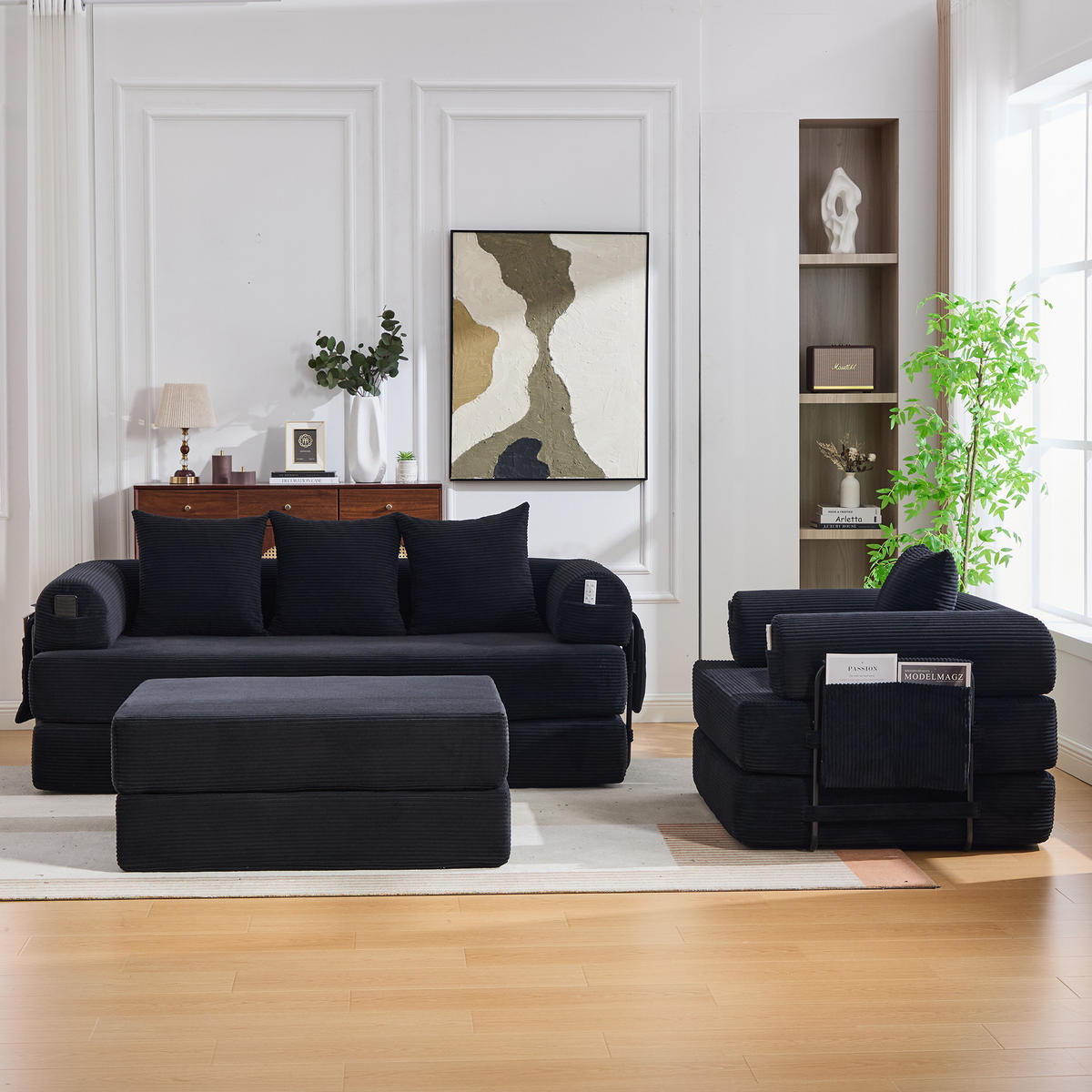 SITZGARNITUR DE-33801 modular mit Hocker Schwarz - Schwarz, Metall (200/67/190cm) - ComfortXL