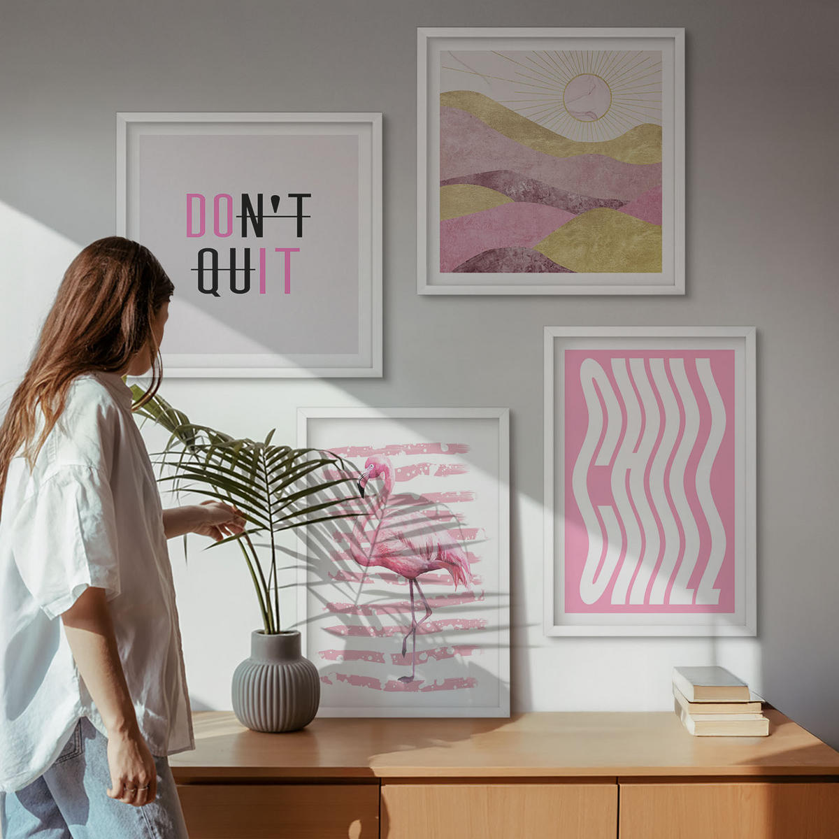 BILDER SET 4er Set - 50x50 cm & 40x60 cm Weißer Rahmen - Pastellfarbene Berglandschaft mit rosa Flamingos - Weiß, Kunststoff (50/50cm) - TULUP
