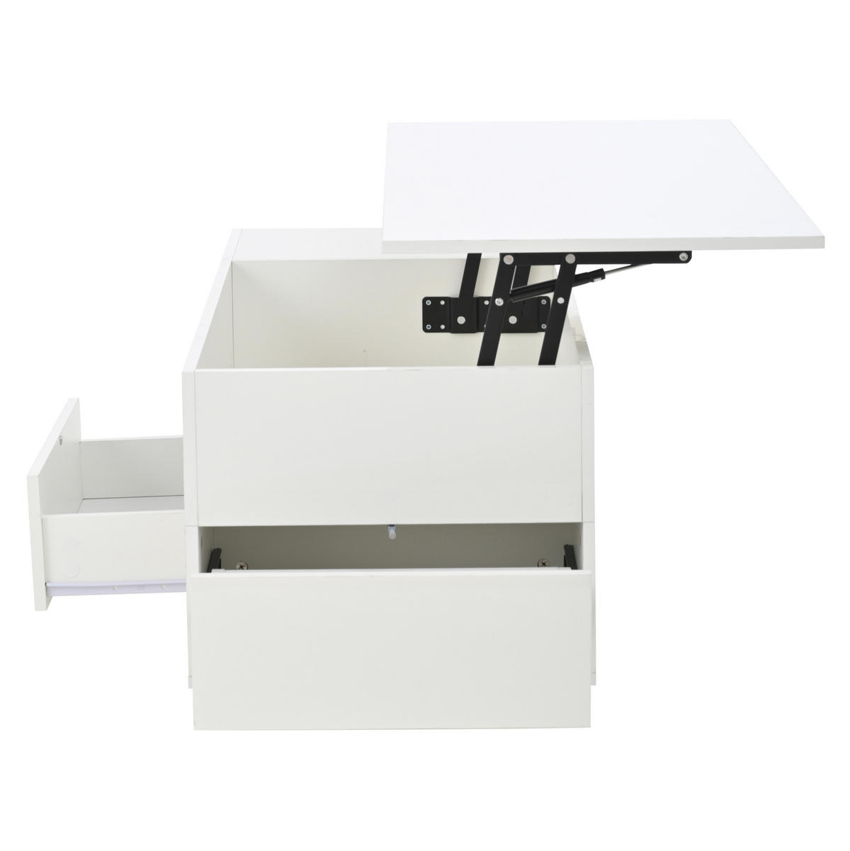 COUCHTISCH 100/50/45 cm höhenverstellbar mit LED, 2 Schubladen und 2 Hockern aus Spanplatte, Weiß - Weiß, Holzwerkstoff (100/50/45cm) - Redom