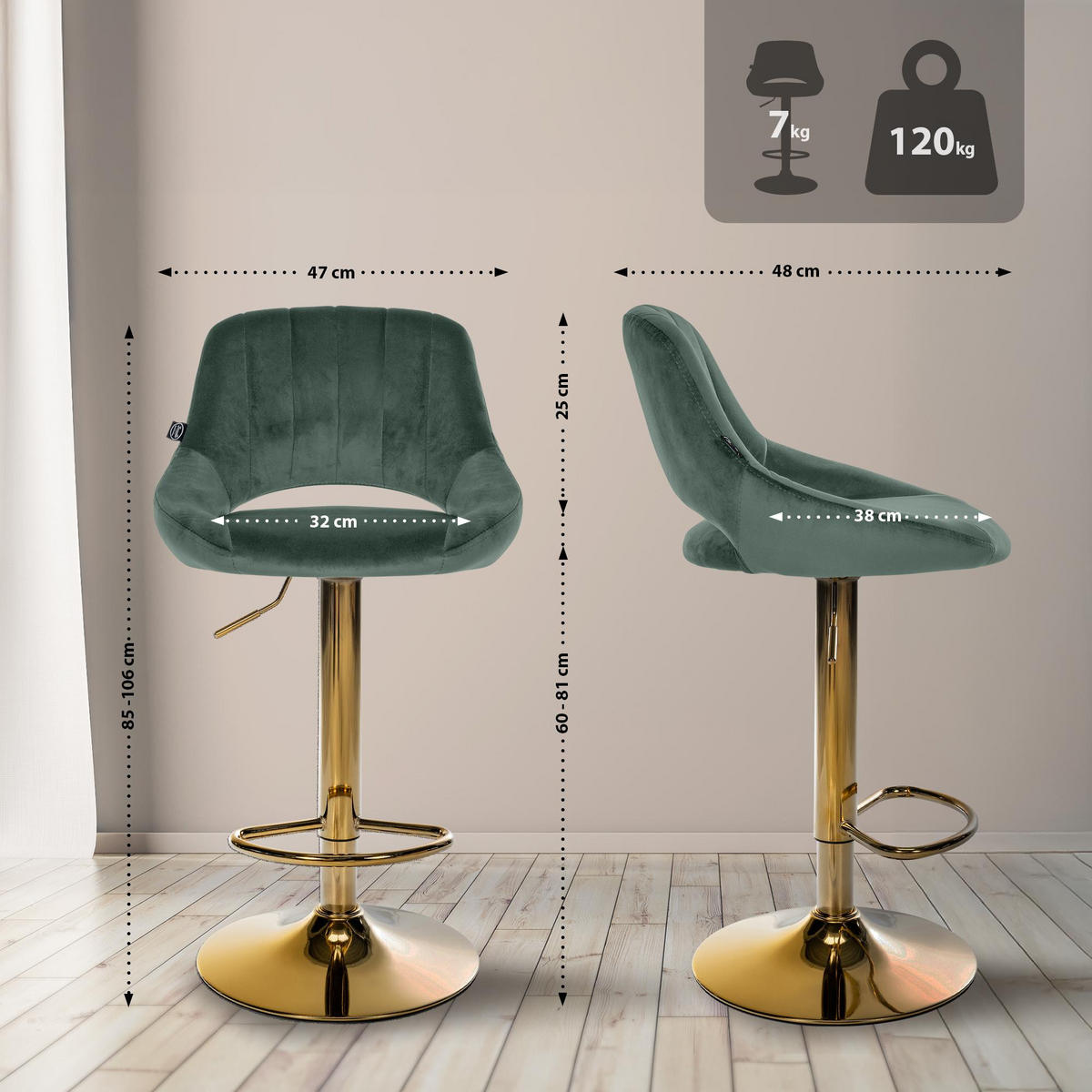 BARHOCKER 2 Samt Grün - Grün, Textil (47/85/48cm) - CLP
