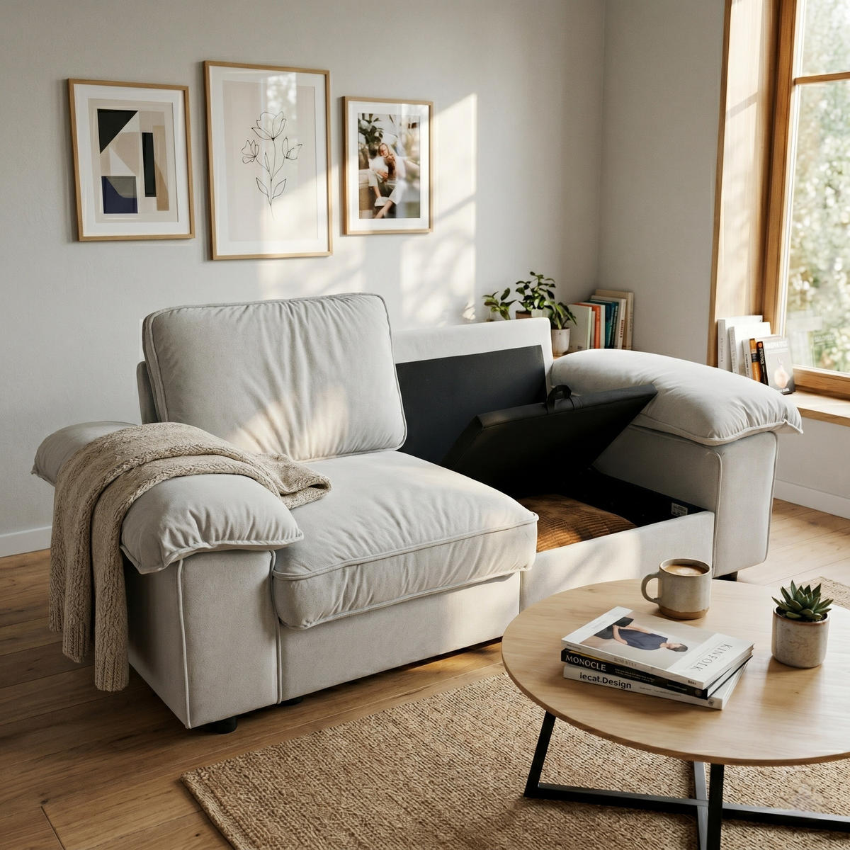 2-SITZER SOFA Samt Cream White mit Stauraum und Taschenfederkern - Creme, Holzwerkstoff/Kunststoff (201/89/91cm) - WISHDOR