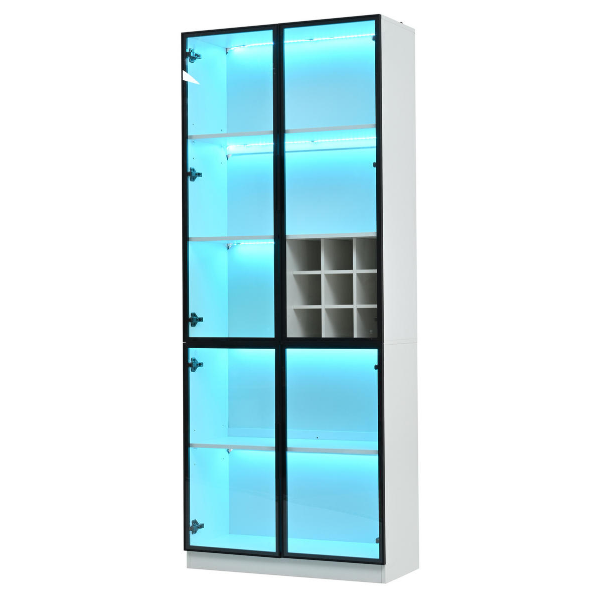 VITRINE 80/35/200 cm in Weiß mit LED-Beleuchtung und Weinfach - Weiß, Holzwerkstoff (80/200/35cm) - Flora Grace