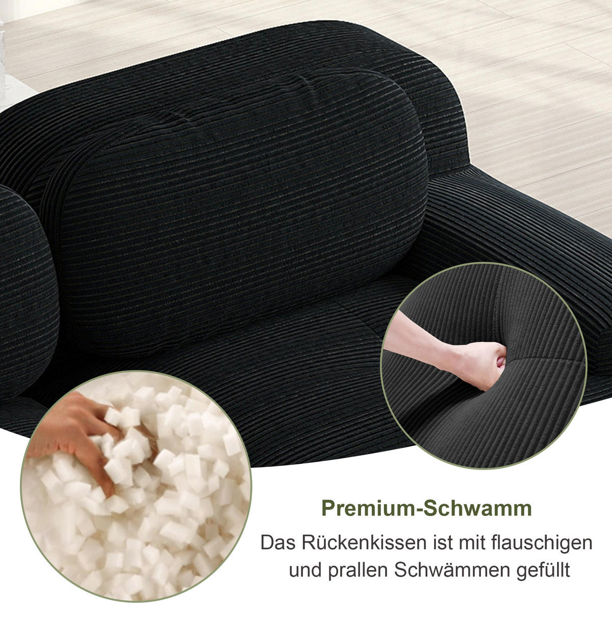 ECKSOFA in Schwarz aus Cord mit geschwungenen Armlehnen - Schwarz, Textil (178/208cm) - Flora Grace