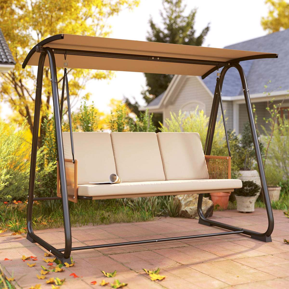 HOLLYWOODSCHAUKEL 3-SITZER DE-07062 verstellbares Sonnendach - Sandfarben, Metall (203/165/121cm) - ComfortXL