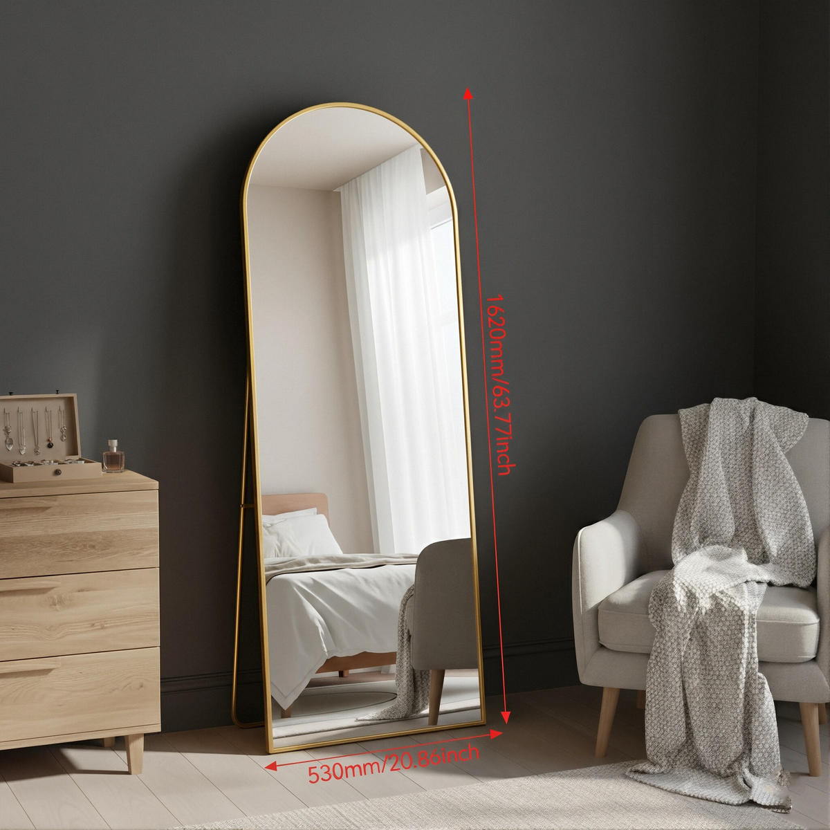 GANZKÖRPERSPIEGEL Bogen-Design mit U-Standfuß & Aluminiumrahmen 162/53 cm Gold - Goldfarben, Glas/Metall (53/162/3cm) - Creahappy