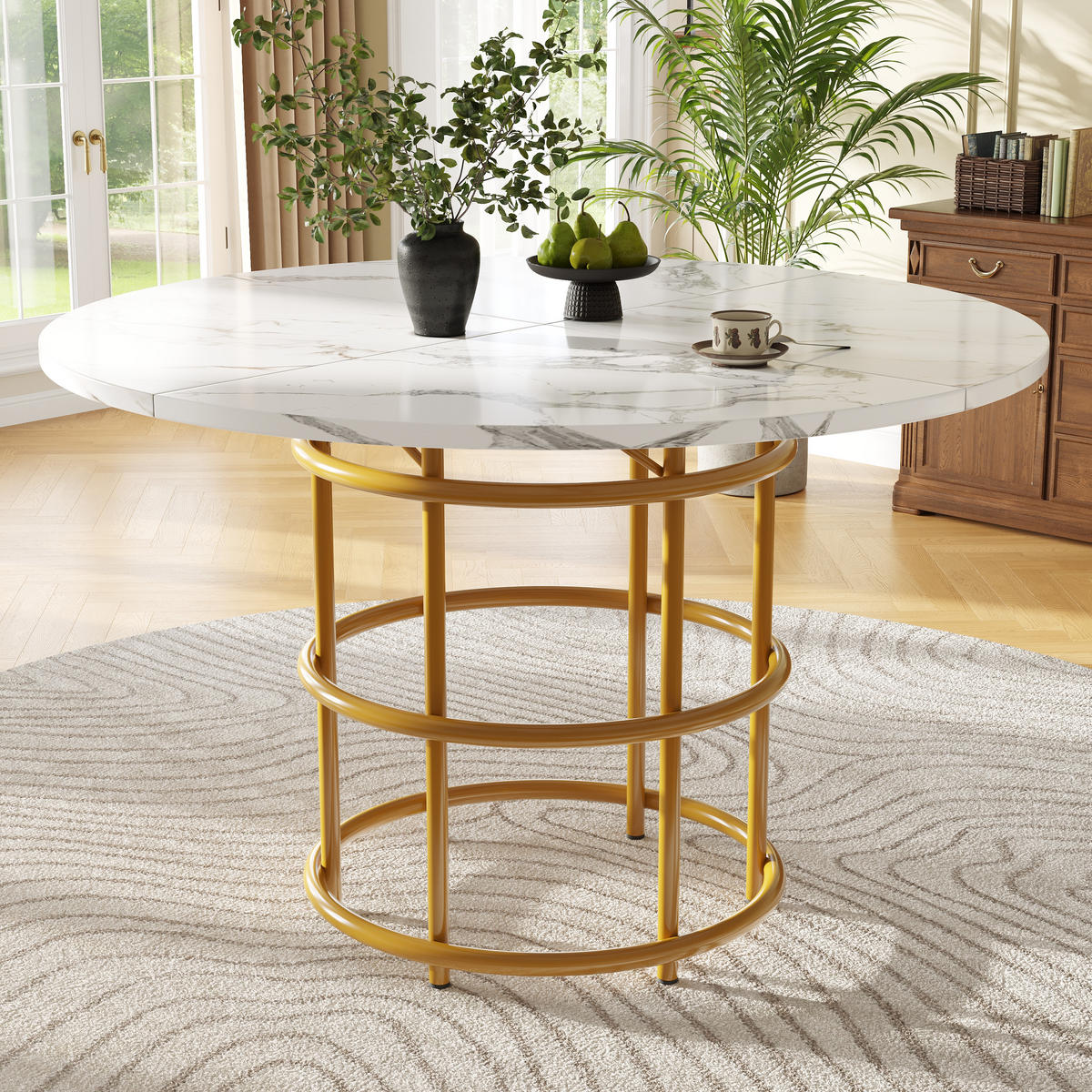 ESSTISCH Runder 100/100/76 cm gold mit Marmorplatte und Metallbeinen - Weiß, Holzwerkstoff (100/100/76cm) - OKWISH
