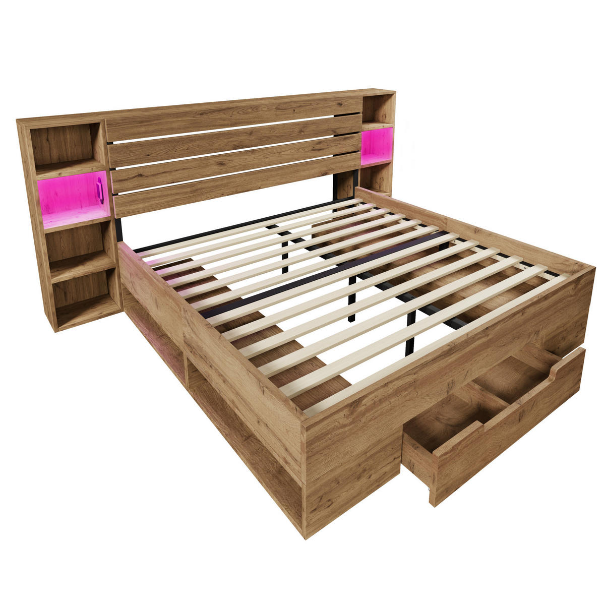 ČALOUNĚNÁ postel 252/218/90 cm, dřevo/kov, dubová s LED osvětlením a USB nabíjením - barva dubu, kov (180/200cm) - BEAOK