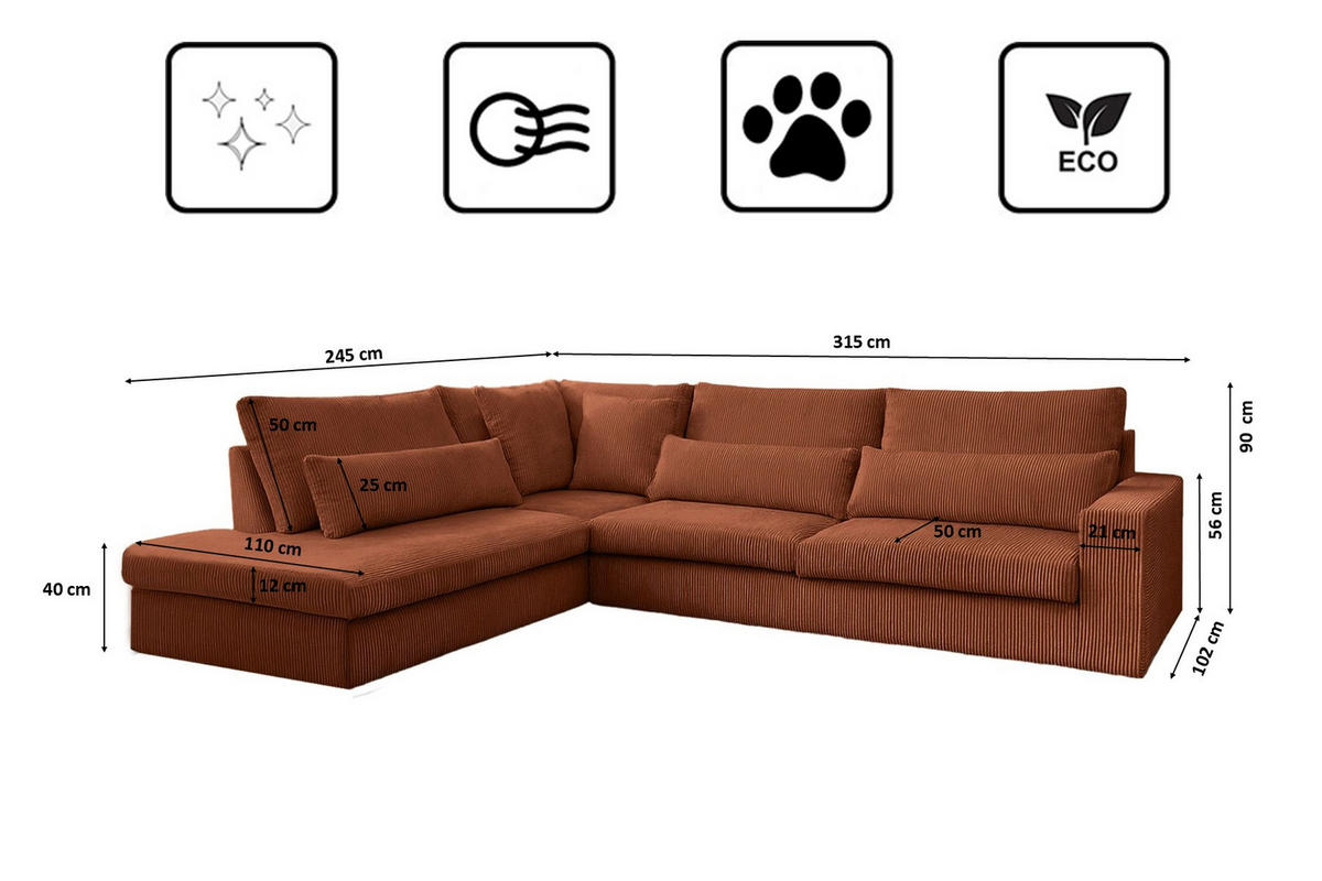 ECKSOFA L-Form SVEN Stoff Poso Kupfer Links - Kupferfarben, Textil (315/245cm) - Kaiser Möbel