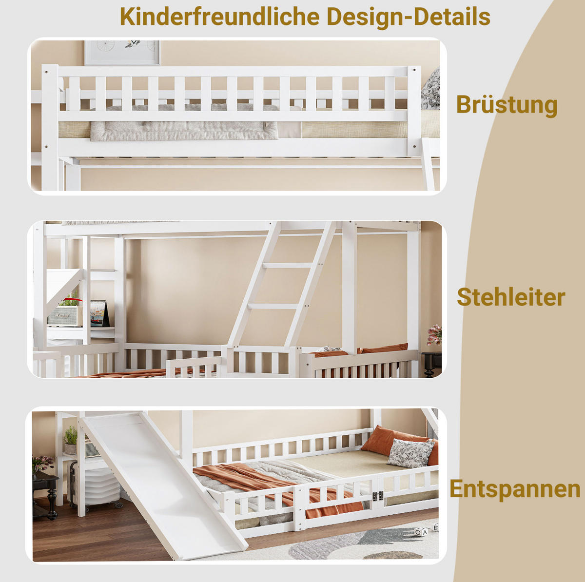 ETAGENBETT 140/200 cm aus Kiefernholz mit Rutsche und Regalen in Weiß - Weiß, Holz (140/200cm) - BEAOK