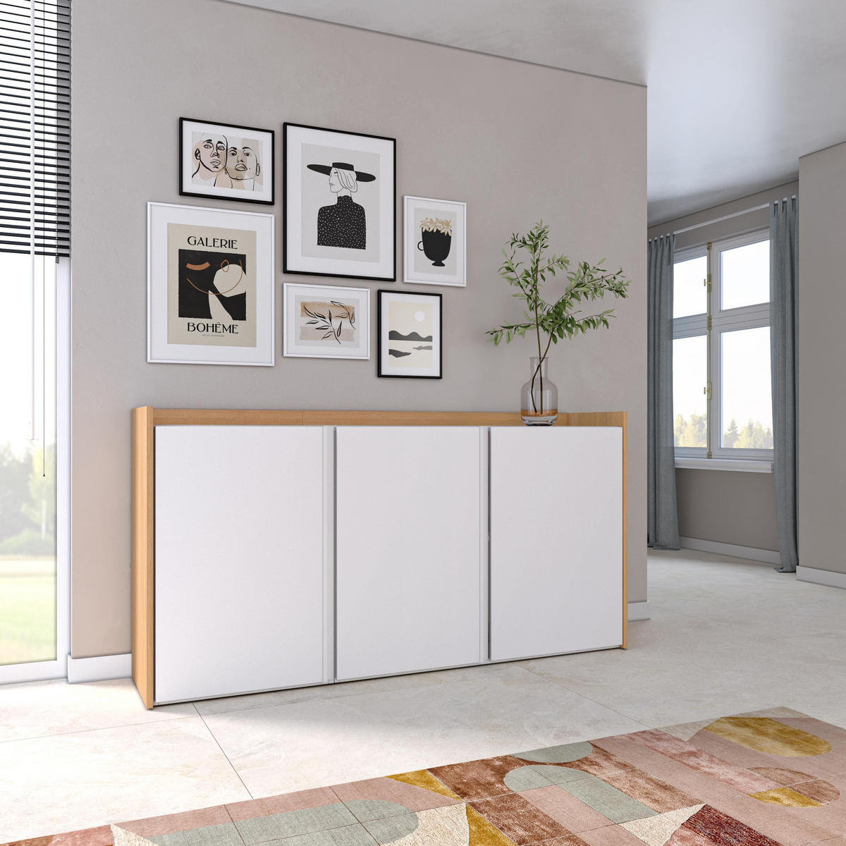 SIDEBOARD, Weiß und Eiche, 156/35/80cm - Weiß, Holzwerkstoff (156/80/35cm) - Skraut Home