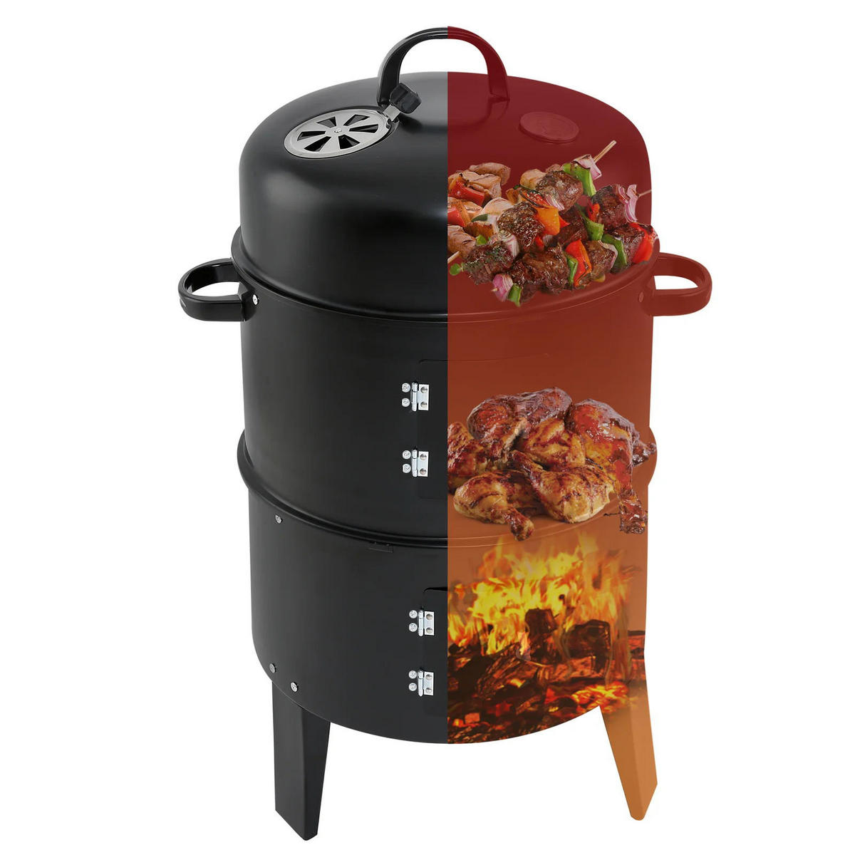 BBQ-SMOKER 3-in-1-Smoker Holzkohlegrill Räuchergrill aus Stahlblech Schwarz mit 2 Prüftüren abnehmbar 40×40×80 cm - Schwarz, Metall (80/40cm) - Livingandhome