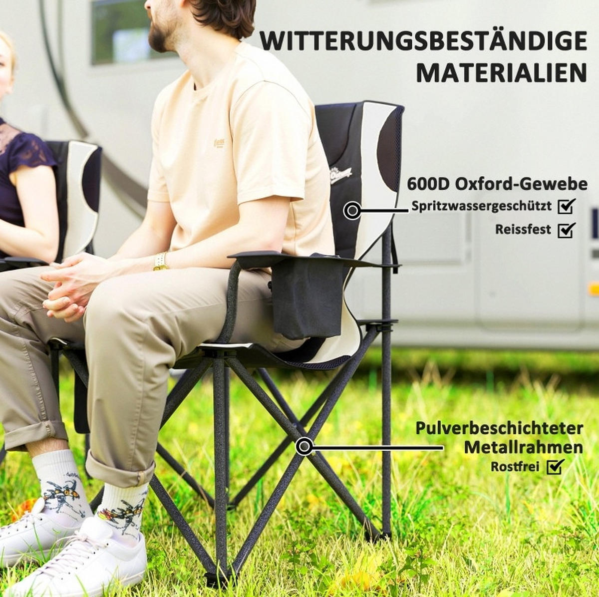 CAMPINGSTUHL 94/62/100 cm faltbar mit Kopfstütze, Getränkehalter und Kühltasche, Metall, Schwarz - Schwarz, Metall (62/100/94cm) - Redom