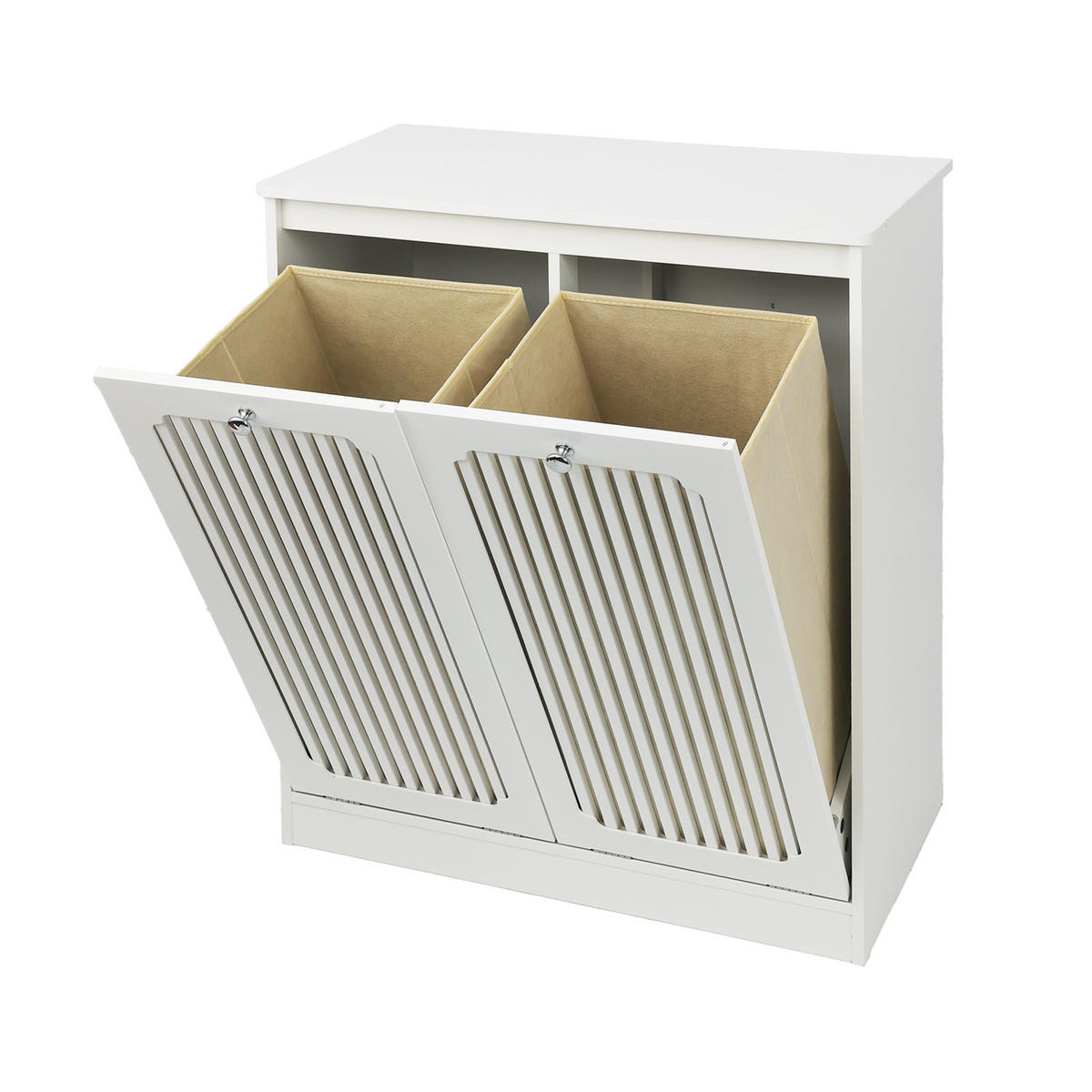 WÄSCHESCHRANK Weiß mit Kippbarer Lamellenfront & 2 Stofffächern - Weiß, Holzwerkstoff (66/76/35cm) - Urban Meuble