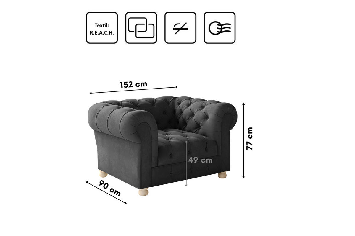 SITZGARNITUR CHESTERFIELD 2+1+1 Elegant Klassisch Schick Stoff Whisper Graphit - Graphitfarben, Holz (152/77/90cm) - Kaiser Möbel