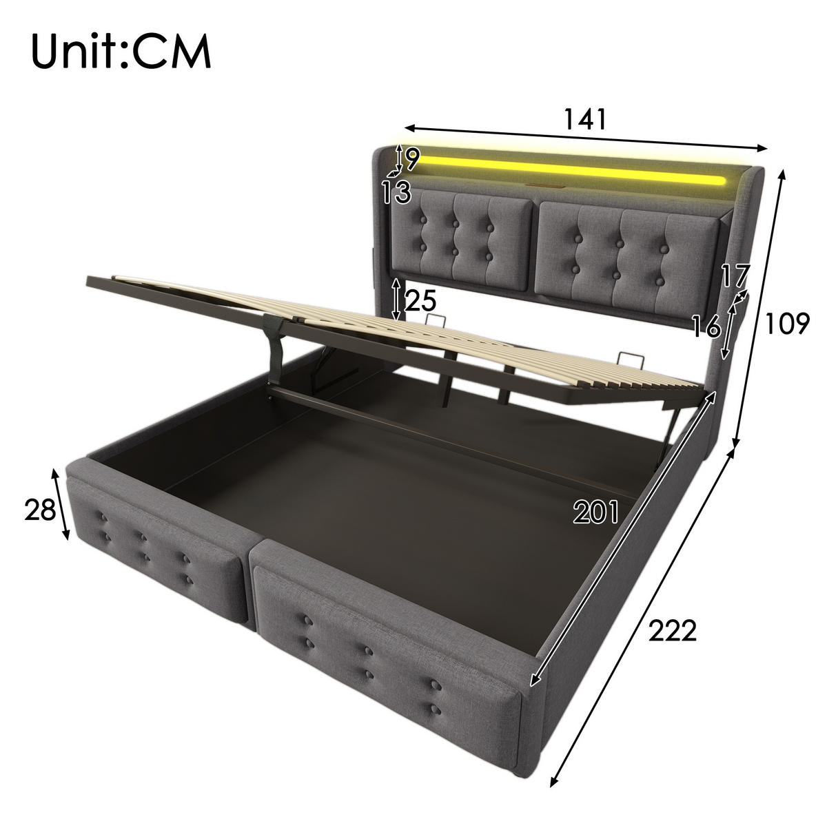 POLSTERBETT aus Baumwoll-Leinen 140x200 cm in Grau mit LED, USB-C & Matratze - Grau, Textil (140/200cm) - Modfu