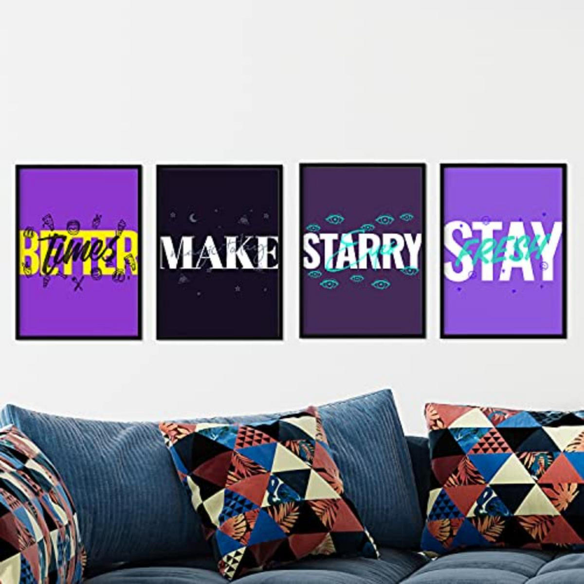 POSTER Set mit 4 lila Etikettendesign und Motivationsnachrichten A4 Schwarzer Rahmen - Schwarz, Papier (29.7/3cm) - Nacnic