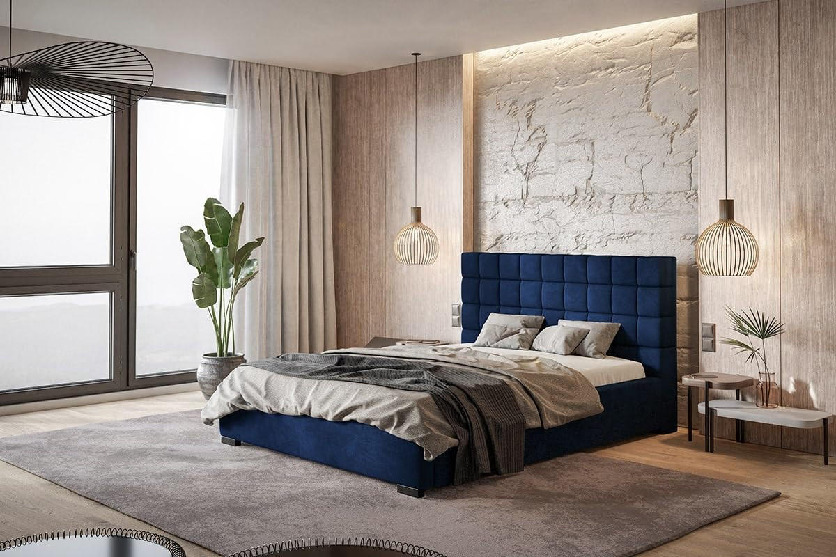 POLSTERBETT Porto mit Kopfteil, 180x200 cm, Doppelbett mit Bettkasten und Lattenrost aus Holz, Velourstoff Dunkelblau - Dunkelblau, Holz/Textil (180/200cm) - Alpi-Möbel