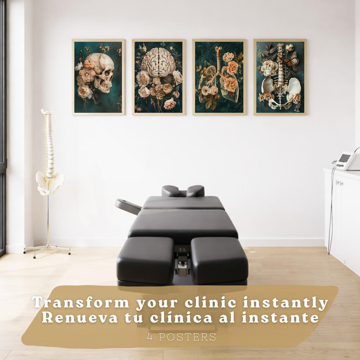 POSTER Set aus 4 Vintage Anatomie Drucke und Wandbilder mit Blumen Herz Lungen Schädel und Gehirn Medizinische Wanddekoration Größe Rahmenlos A3 - Klar, Papier (29.7/42/3cm) - Nacnic