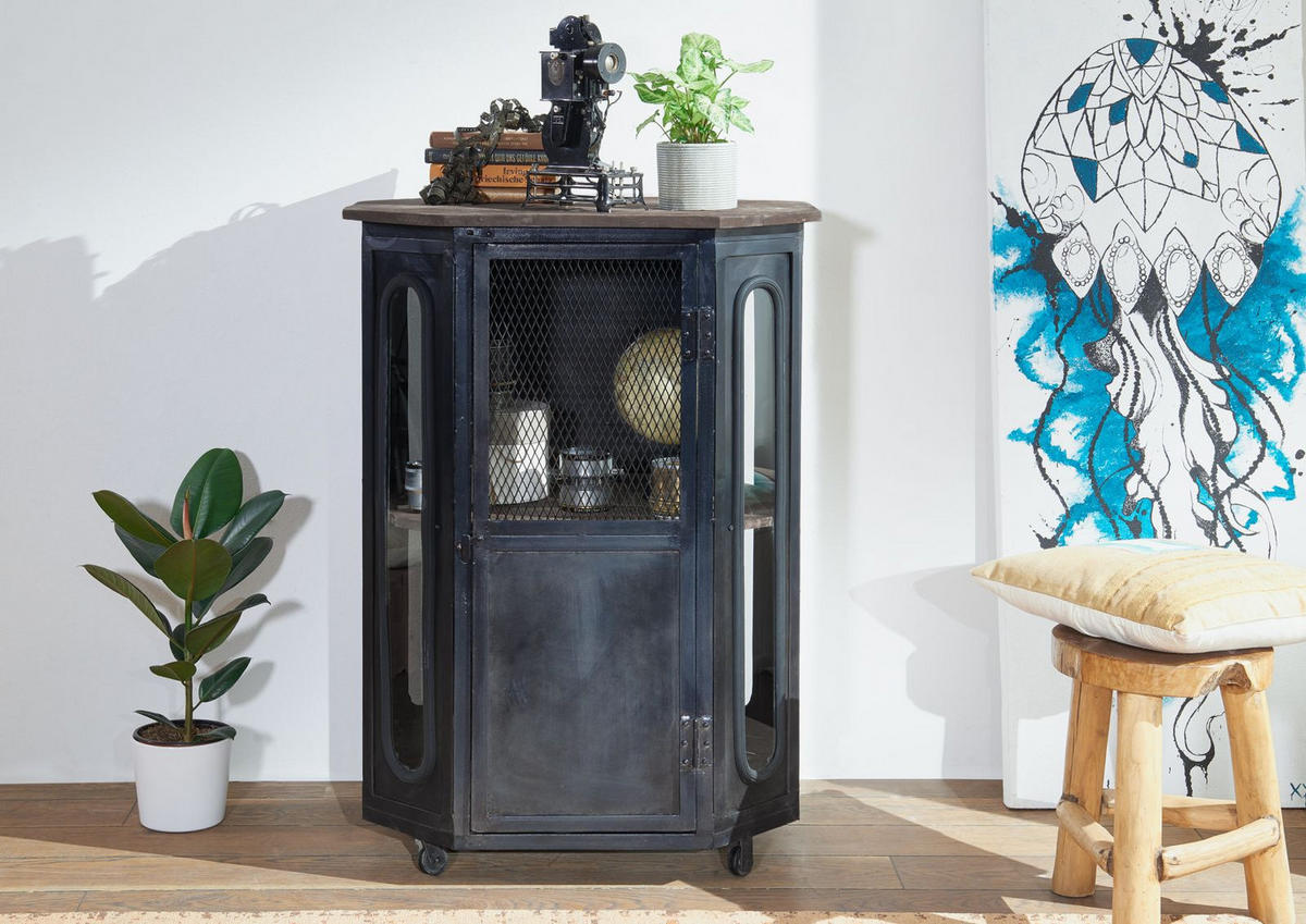 VITRINE Mango 76x60x120 grau lackiert RAILWAY #2330 - Grau, Holz (76/120/60cm) - Massivmoebel24