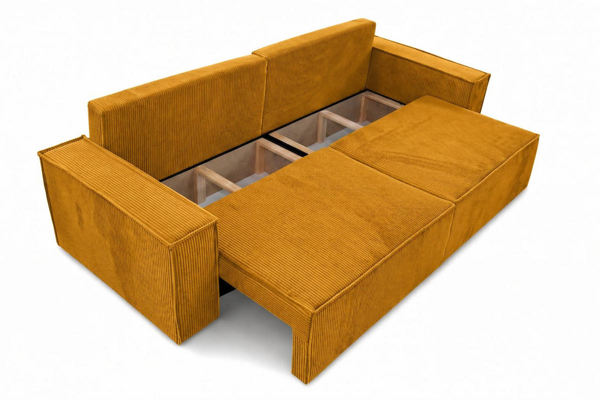 SOFA Mit Schlaffunktion Und Bettkasten, Cordstoff Poso, Senffarbe, BEST SCORNER - Gelb, Holz (245/83/90cm) - Kaiser Möbel