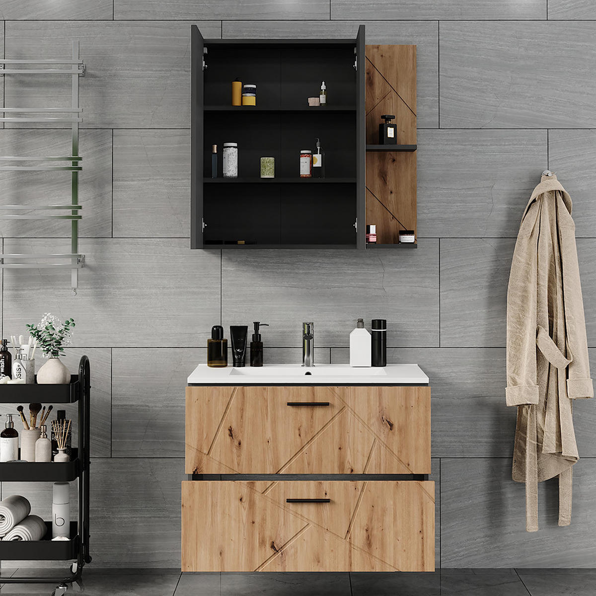 KOUPELNOVÁ SESTAVA NÁBYTKU Irma Antracit/Artisan - antracitová/dub artisan, kompozitní dřevo (80/57/44.6cm) - Vicco