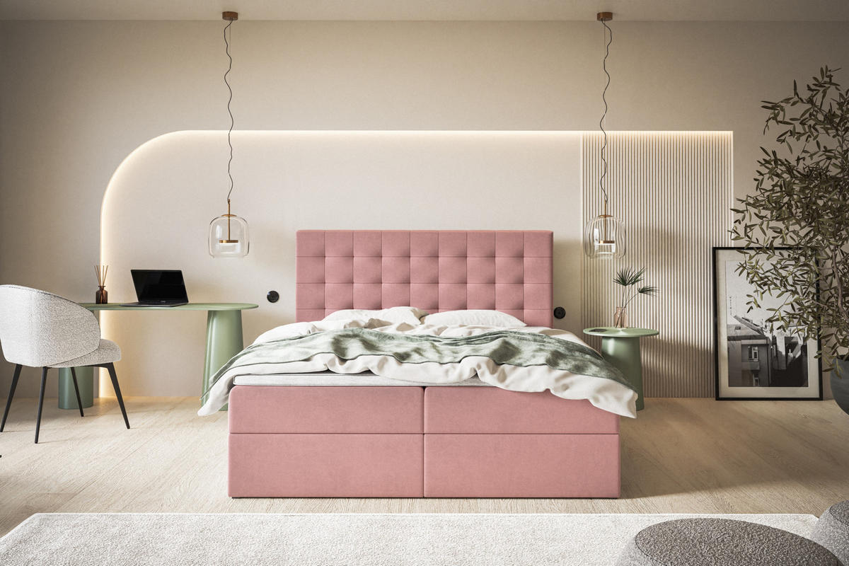 BOXBETT RIO mit 2 Bettkästen, 120x200, Farbe: Rosa, Velourstoff, Doppelbett mit Bonell-Matratze - Rosa, Holz/Kunststoff (120/200cm) - Alpi-Möbel
